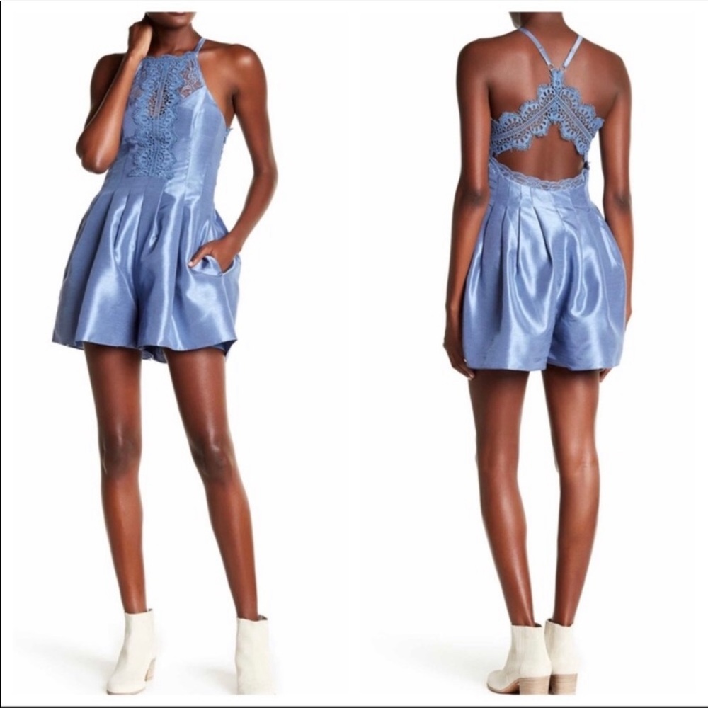 Free People Blue Lace Halter Jumpsuit